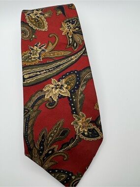 Lands' End 100% Silk Tie Red with Olive & Tan Paisley Design 61" x 3.50"